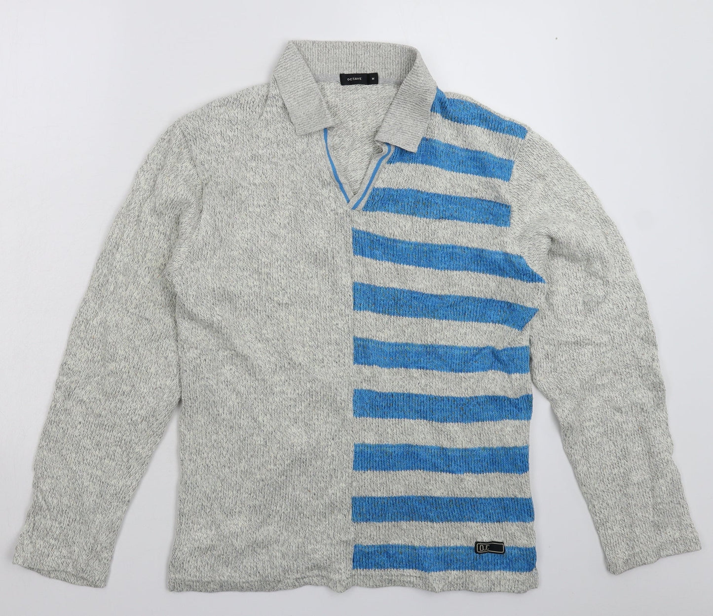 Octave Mens Grey Striped Knit Pullover Jumper Size M