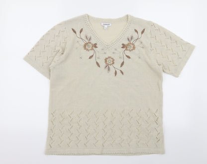Damart Womens Beige Floral  Basic T-Shirt Size 14