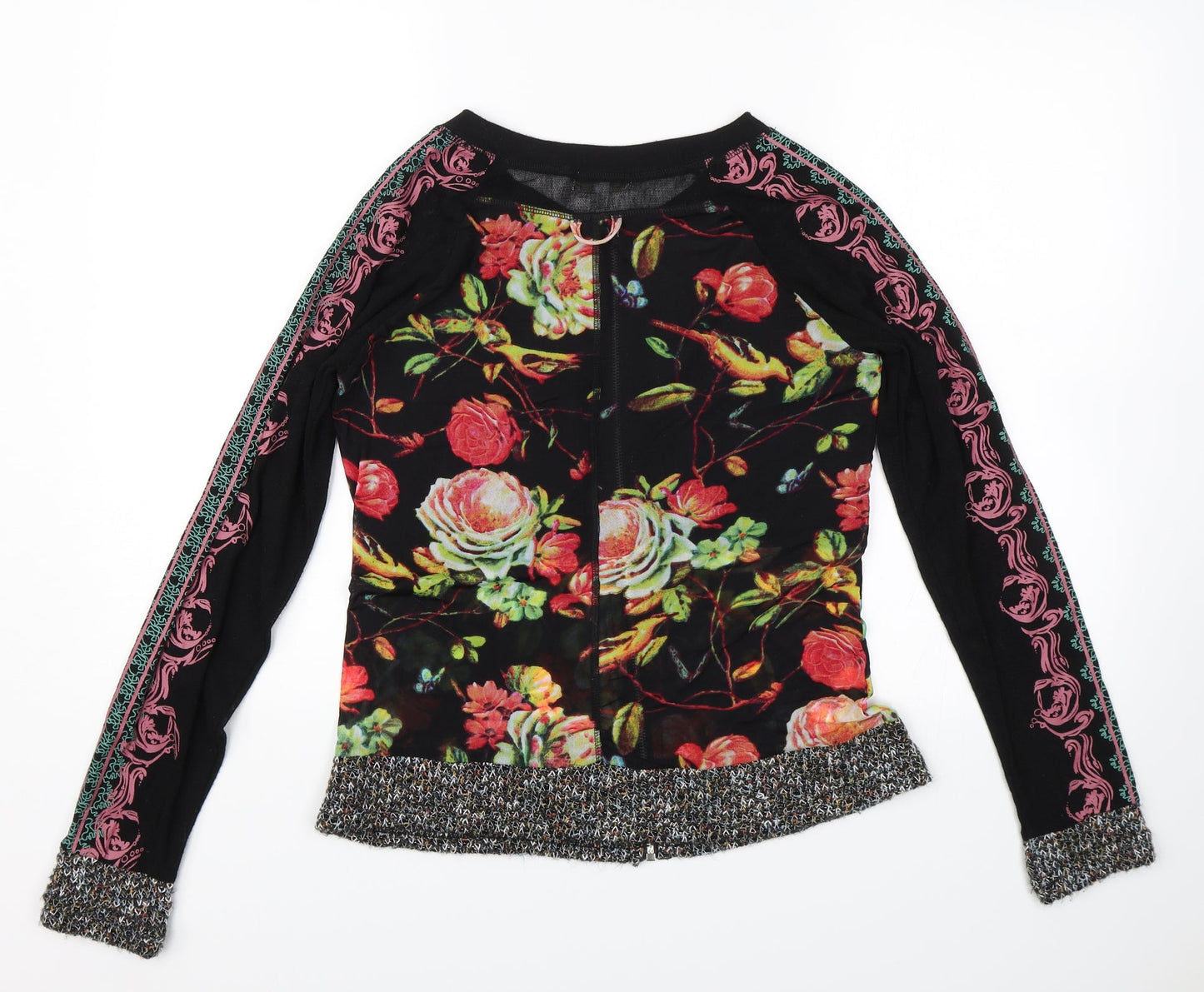 Apricot Womens Black Floral  Full Zip Sweatshirt Size 8