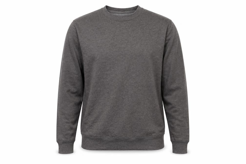 Front view of Just Hoods` men’s grey pullover sweatshirt, size S