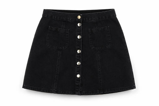 Front view of Cooperative women’s black denim a-line skirt, size S