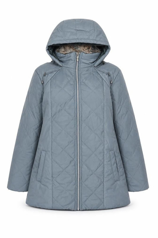 Front view of Anne De Lancay women’s grey parka coat, size S