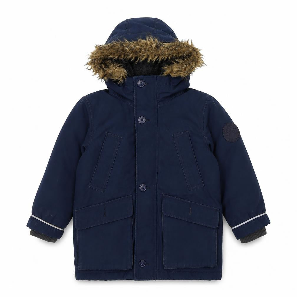 Front view of Gap boys’ blue parka coat, size XS