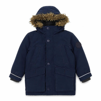 Front view of Gap boys’ blue parka coat, size XS