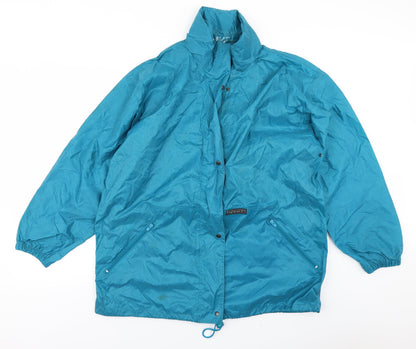 Front view of Highpoint women’s blue rain coat coat, size UK 16