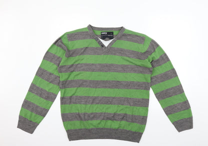 Easy Mens Green Striped  Henley Jumper Size L