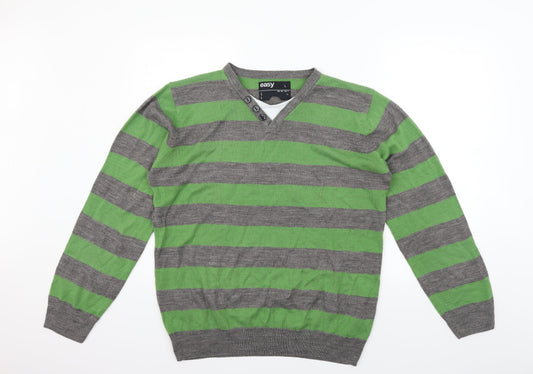 Easy Mens Green Striped  Henley Jumper Size L