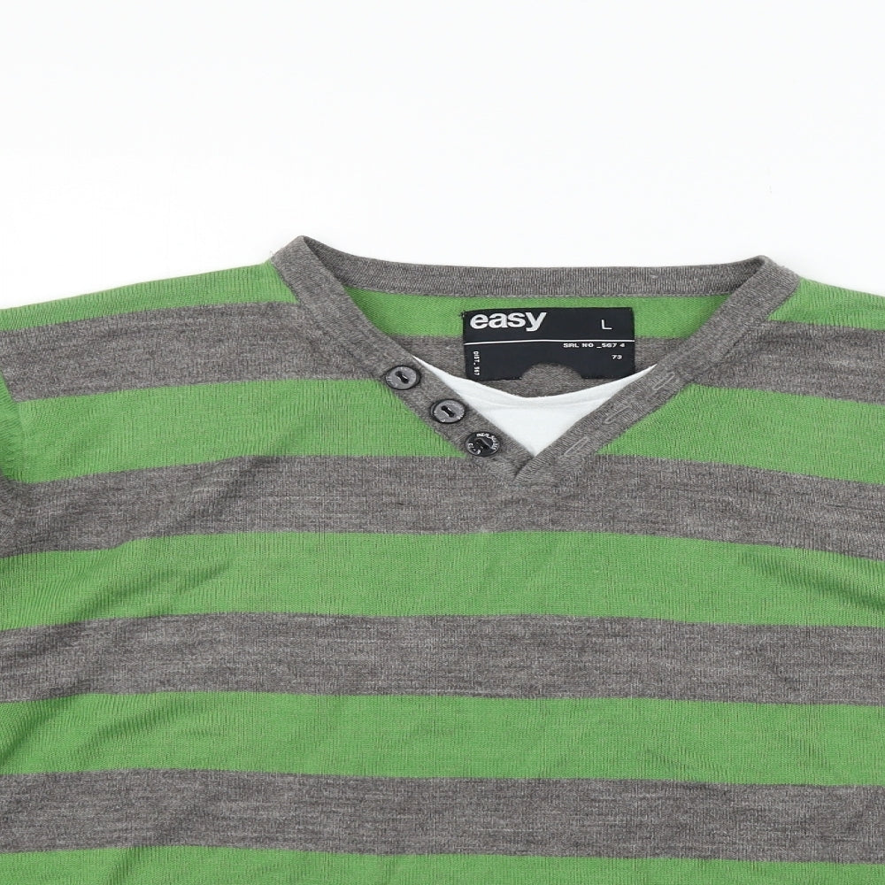 Easy Mens Green Striped  Henley Jumper Size L