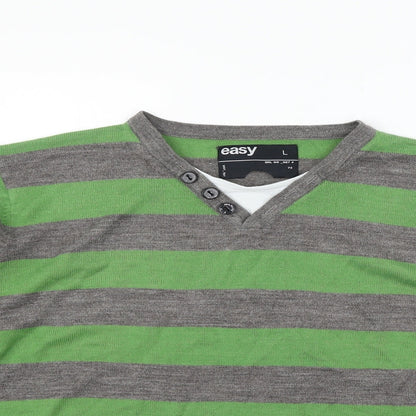 Easy Mens Green Striped  Henley Jumper Size L