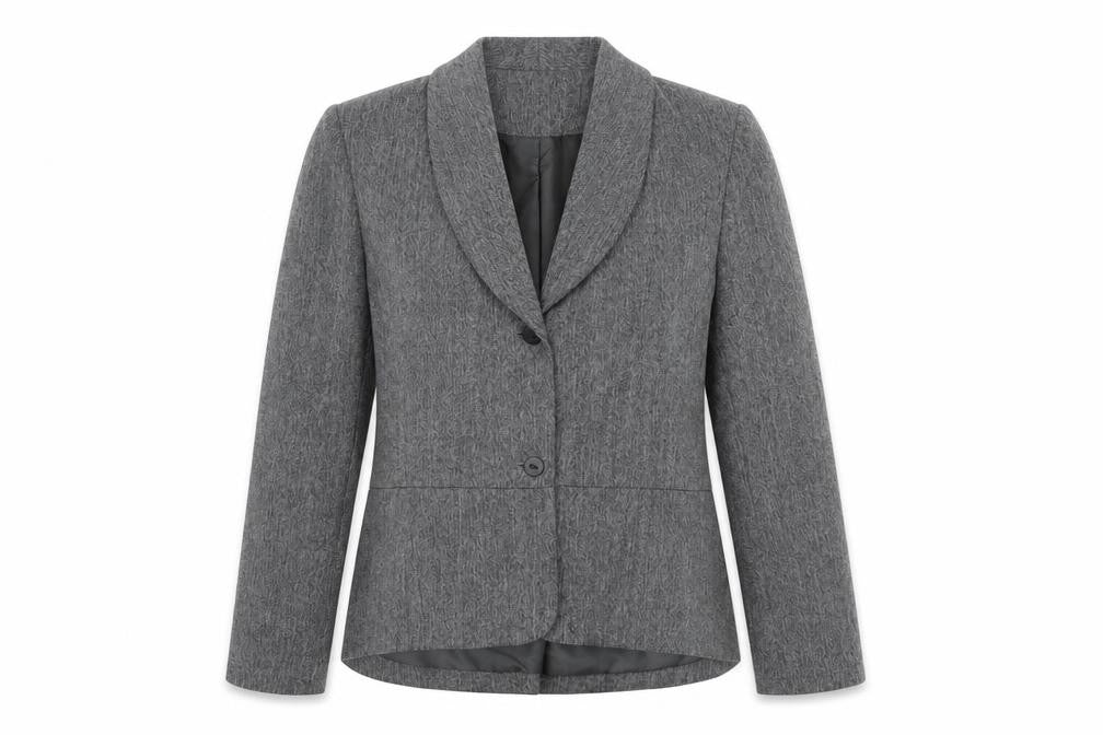Front view of ANNE WEYBURN women’s grey jacket suit jacket, size UK 16