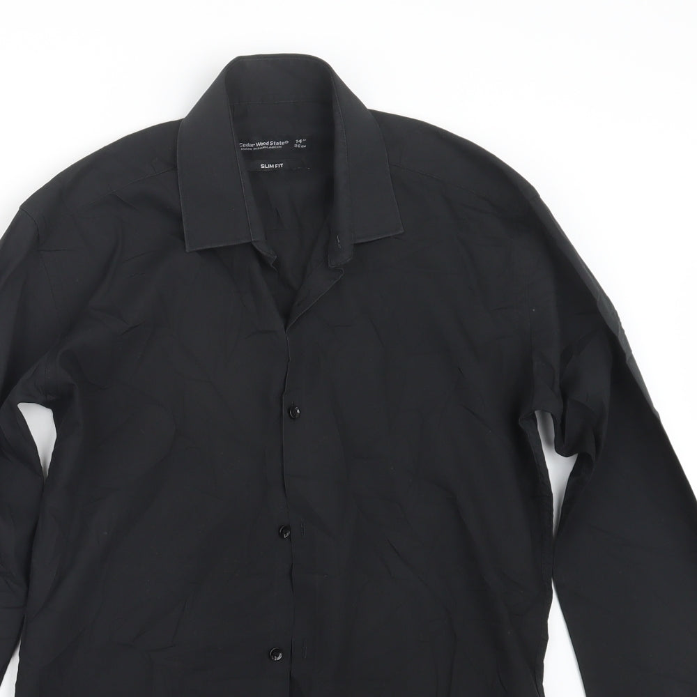 Mens UK Size 14 Cedar Wood State Black  Button-Up Long Sleeve Casual Shirt