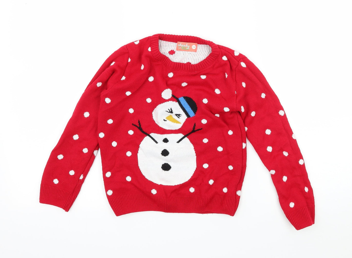 Cheeky Elf Girls Red  Knit Pullover Jumper Size 3-4 Years  - Snowman