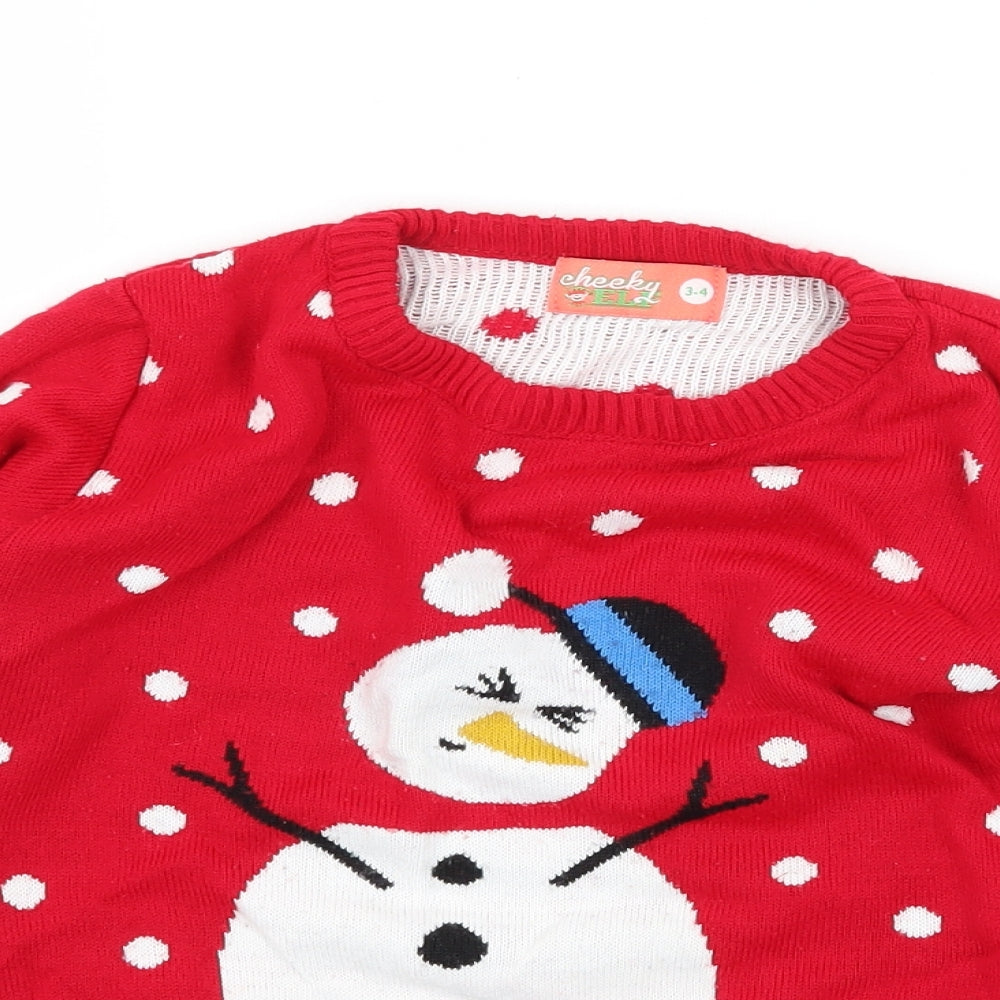 Cheeky Elf Girls Red  Knit Pullover Jumper Size 3-4 Years  - Snowman