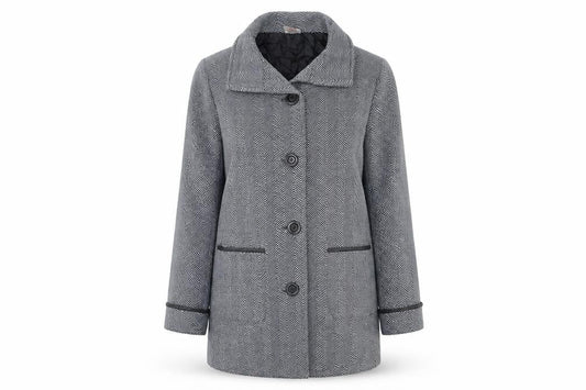 Front view of Anne De Lancay women’s grey striped overcoat coat, size M