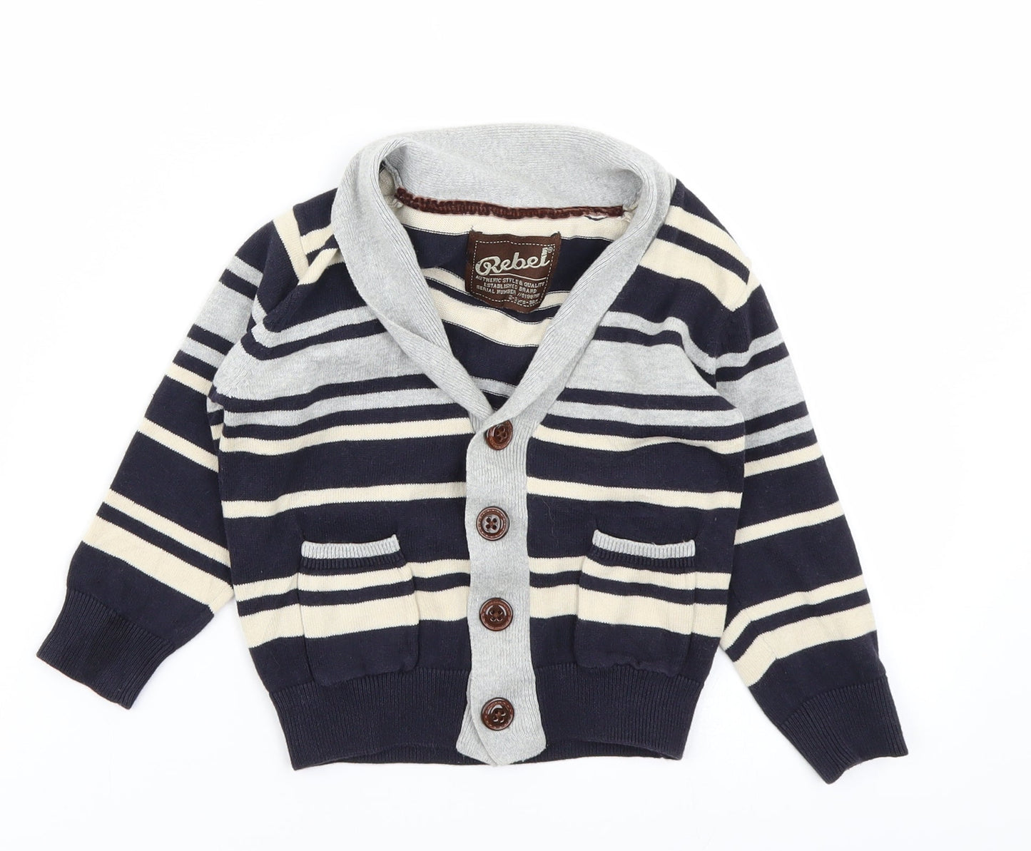 Rebel Boys Blue Striped Knit Cardigan Jumper Size 24 Months