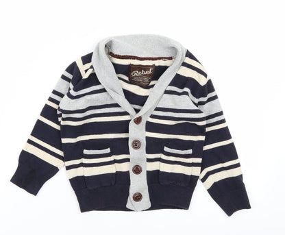 Rebel Boys Blue Striped Knit Cardigan Jumper Size 24 Months