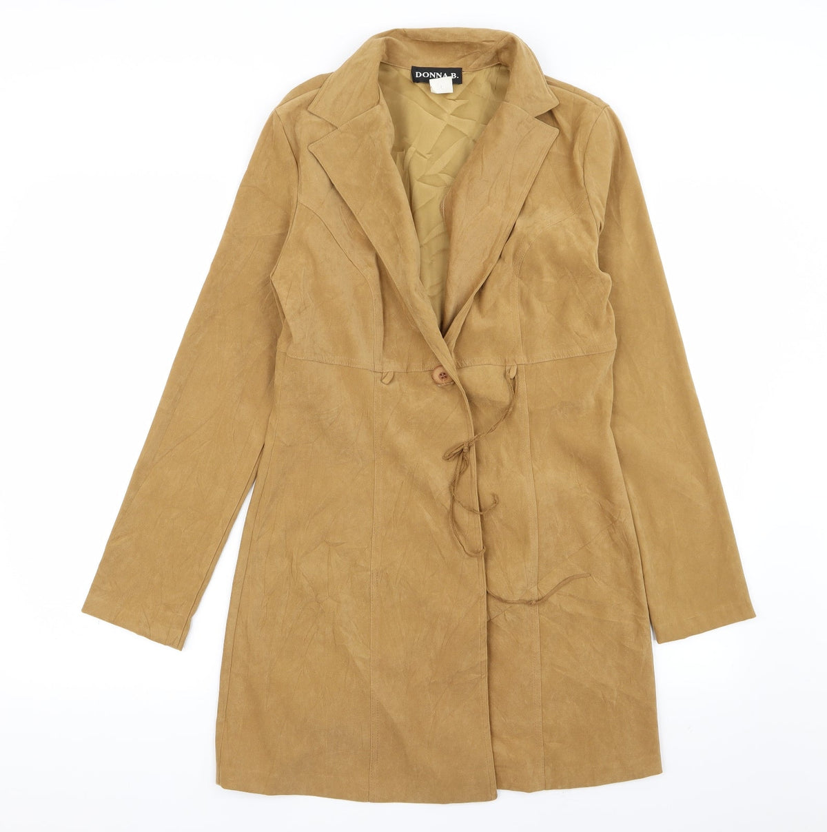 Front view of donna b women’s beige overcoat coat, size L