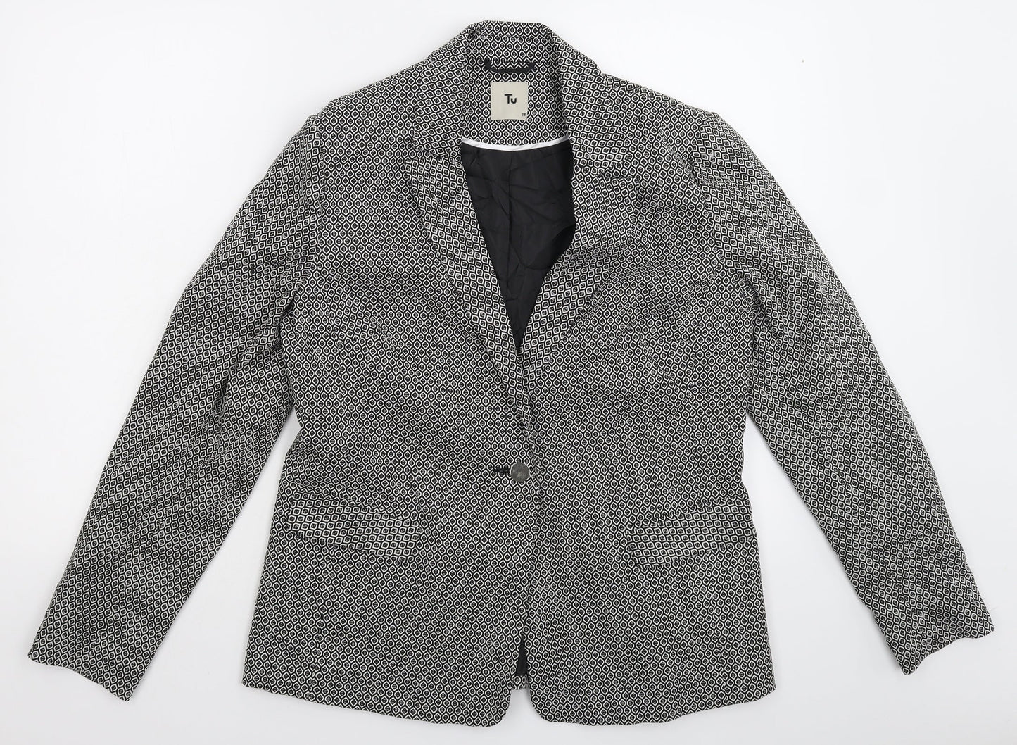 TU Womens Black Geometric  Jacket Suit Jacket Size 14