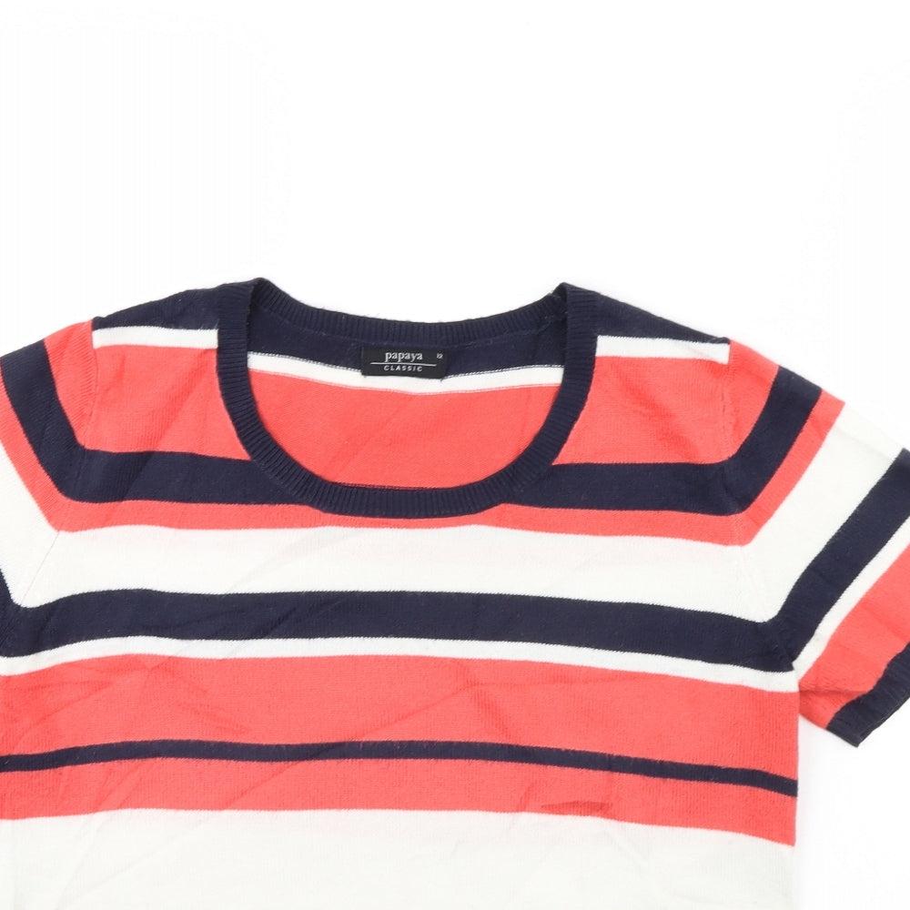 Close-up detail of Papaya women’s pink striped jumper, size UK 12