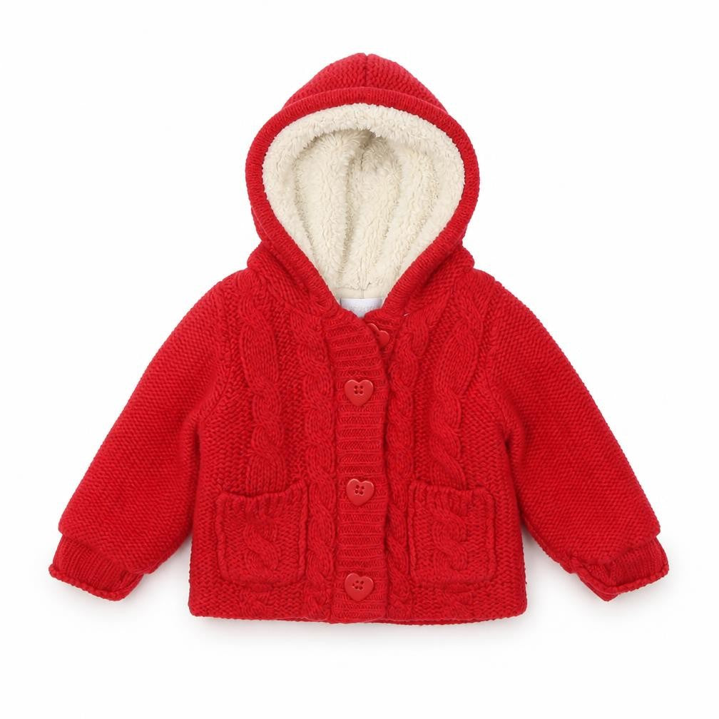 Front view of Early Days girls’ red jacket, size 0-3, months