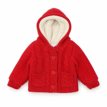 Front view of Early Days girls’ red jacket, size 0-3, months