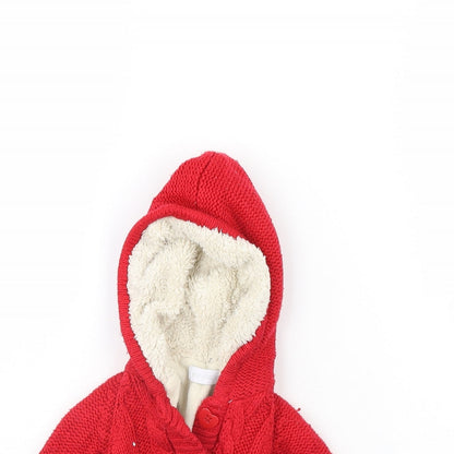 Close-up detail of Early Days girls’ red jacket, size 0-3, months