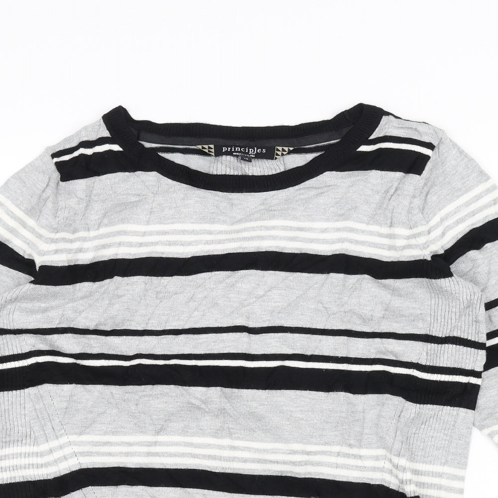 Close-up detail of Principles women’s grey striped jumper, size UK 14