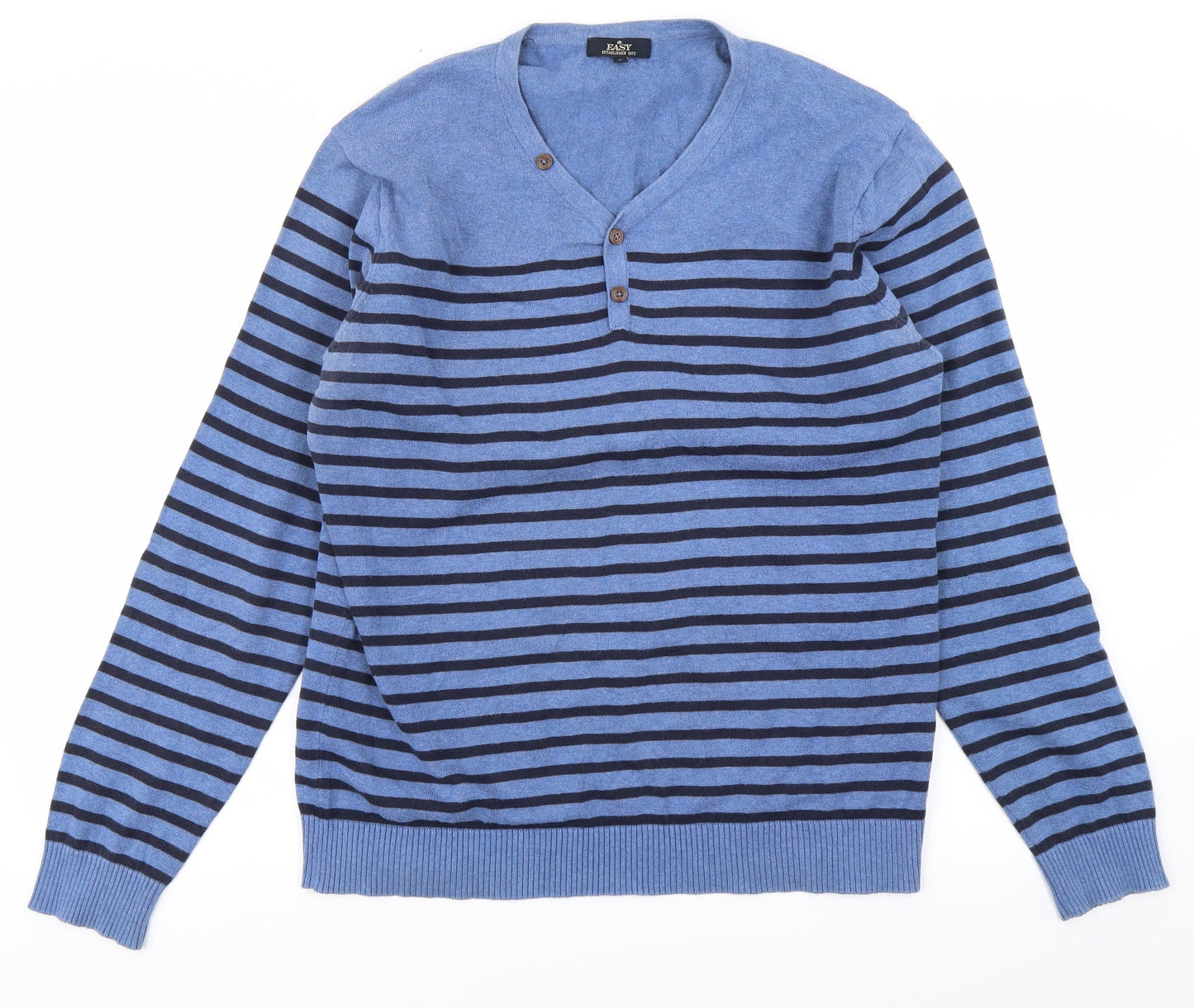 Easy Mens Blue Striped Knit Pullover Jumper Size L