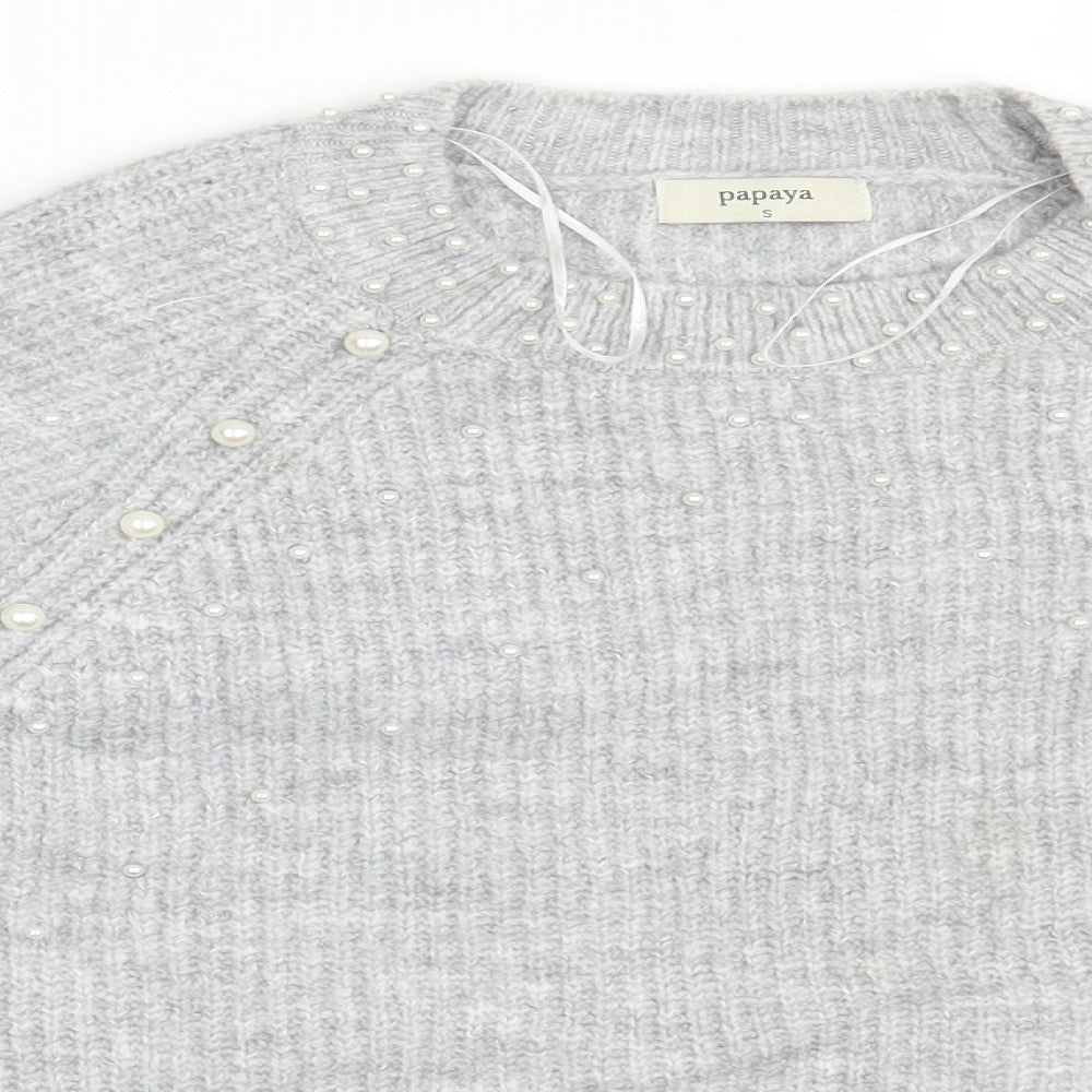 Close-up detail of Papaya women’s grey jumper, size S