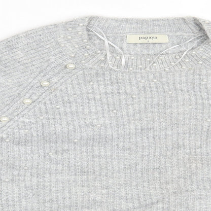 Close-up detail of Papaya women’s grey jumper, size S