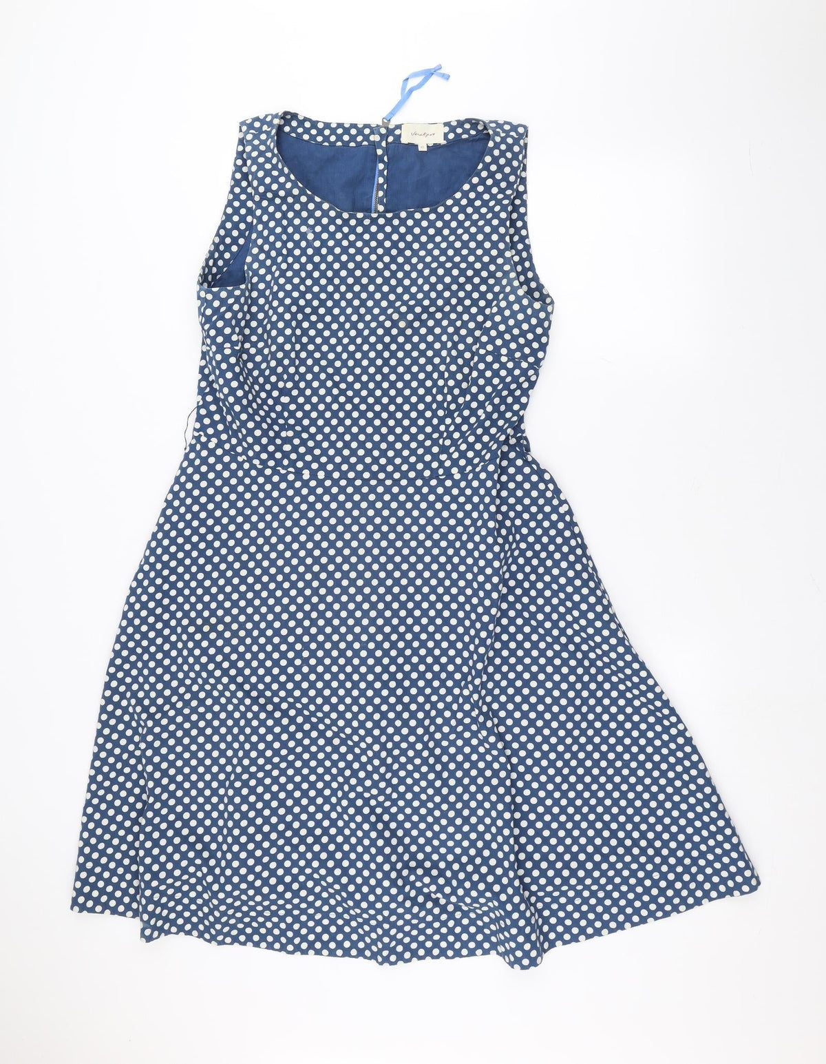 Additional front view of Vacknox women’s blue polka dot a-line, size UK 12