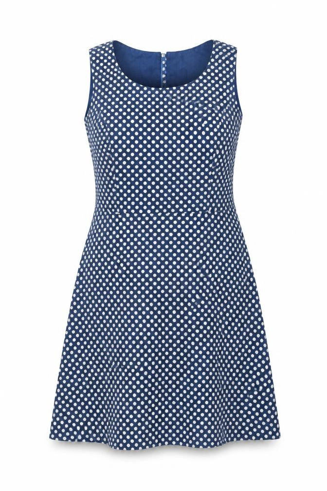 Front view of Vacknox women’s blue polka dot a-line, size UK 12