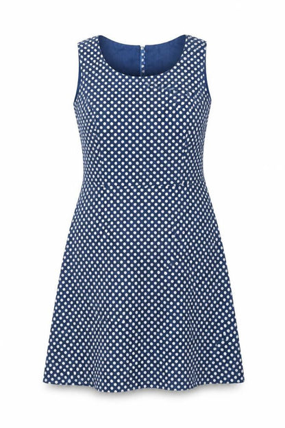 Front view of Vacknox women’s blue polka dot a-line, size UK 12