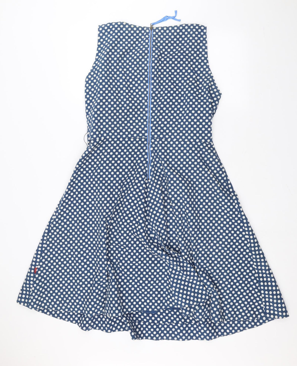 Back view of Vacknox women’s blue polka dot a-line, size UK 12
