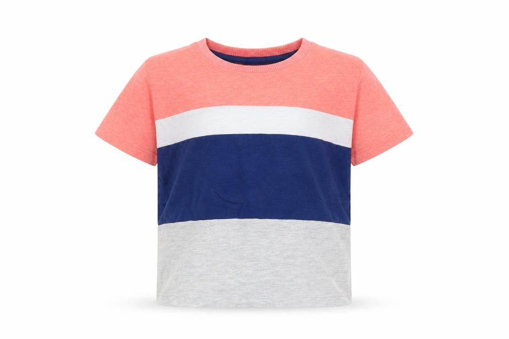 Front view of Next girls’ grey striped basic t-shirt, size 5-6, years