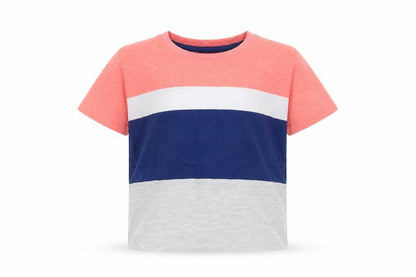 Front view of Next girls’ grey striped basic t-shirt, size 5-6, years