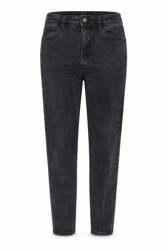 Front view of Denim & Co. women’s black denim tapered jeans, size UK 12, 27-inch leg