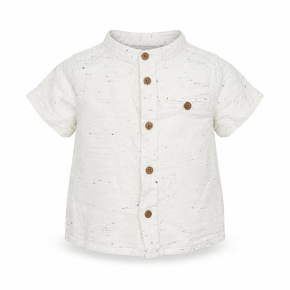 Front view of Primark boys’ white basic button-up, size 3-6, months
