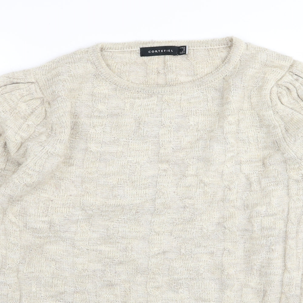 Close-up detail of cortfelli women’s beige jumper, size UK 10