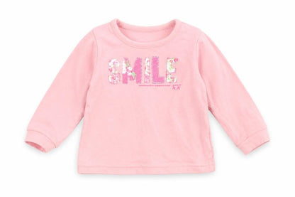 Front view of Dylan George girls’ pink basic t-shirt, size 6-9, months - smile