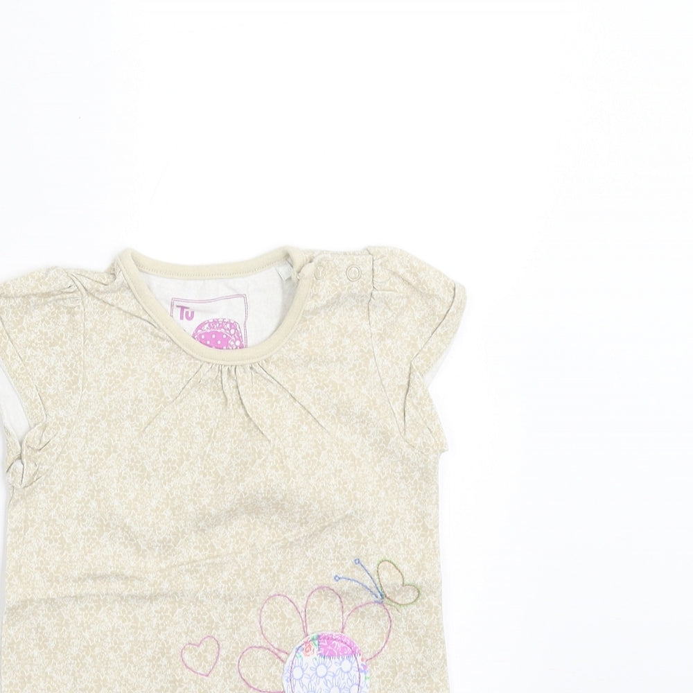 Sainsburys  Girls Beige Floral  Basic T-Shirt Size 9-12 Months  - Embroidered detail