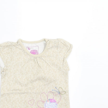 Sainsburys  Girls Beige Floral  Basic T-Shirt Size 9-12 Months  - Embroidered detail