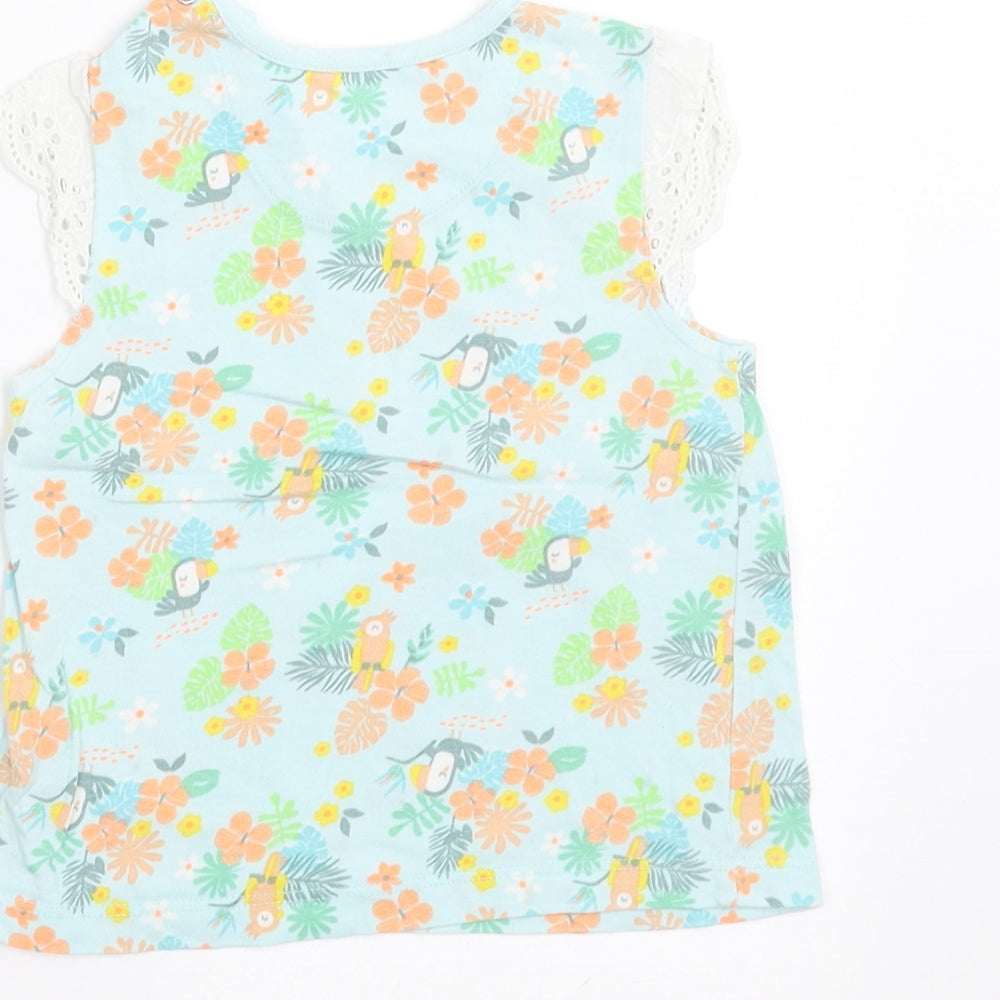 Nutmeg Girls Green Floral  Basic T-Shirt Size 9-12 Months  - Crochet Sleeve Detail