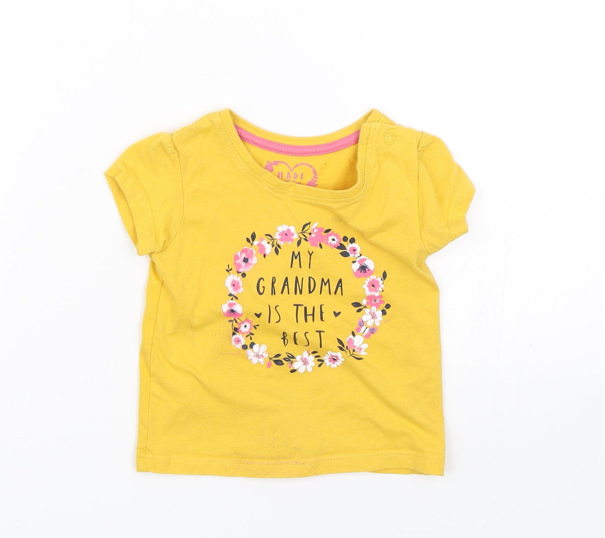 Additional front view of Primark girls’ yellow basic t-shirt, size 6-9, months