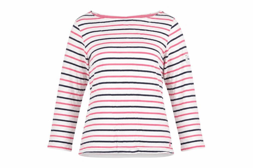 Front view of Maine New England women’s pink striped jumper, size UK 8