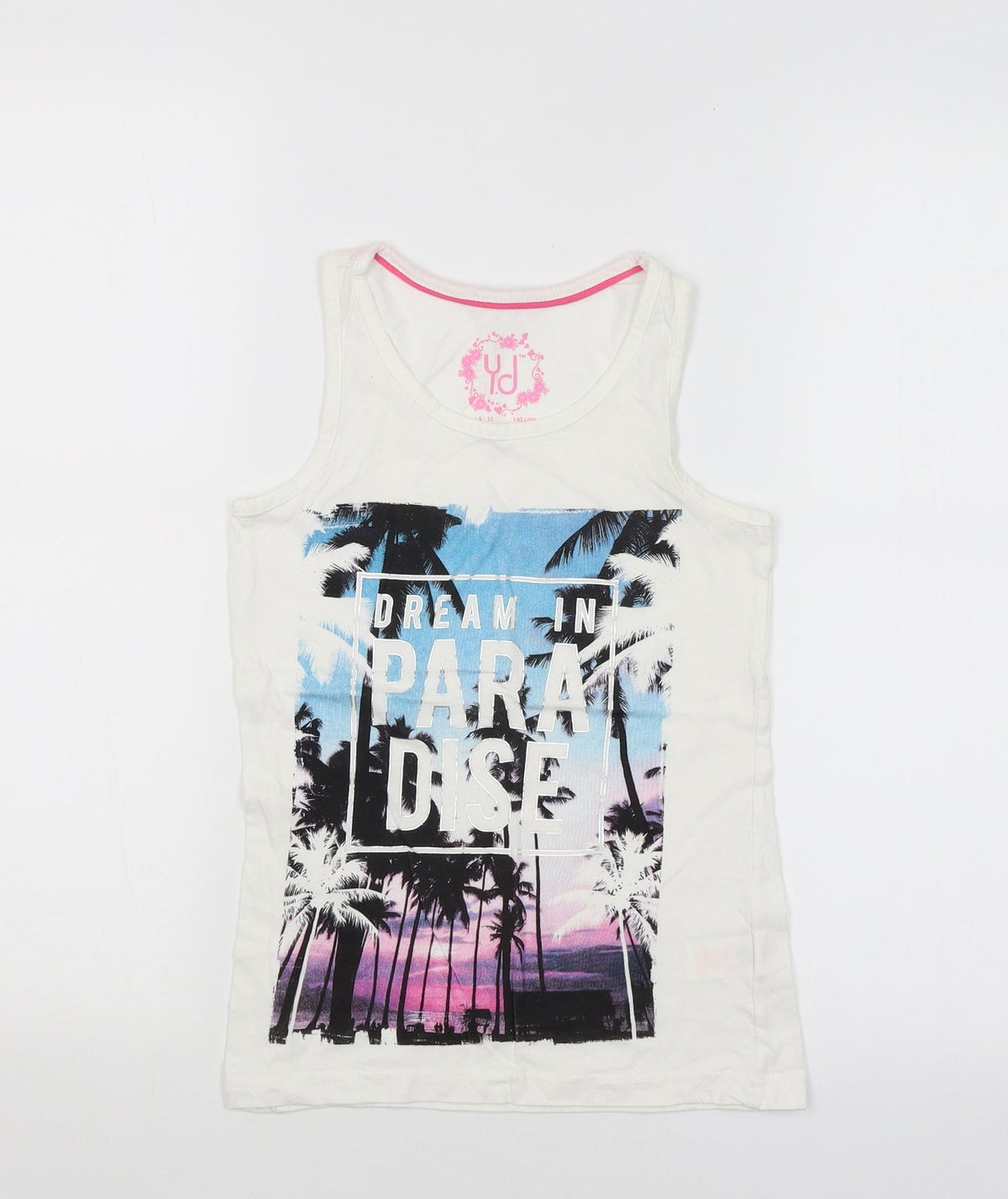 Additional front view of Y.D girls’ white basic tank, size 10, years - beach print