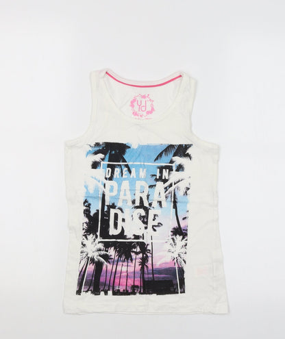 Additional front view of Y.D girls’ white basic tank, size 10, years - beach print