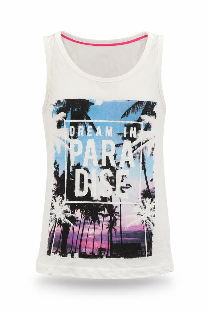 Front view of Y.D girls’ white basic tank, size 10, years - beach print