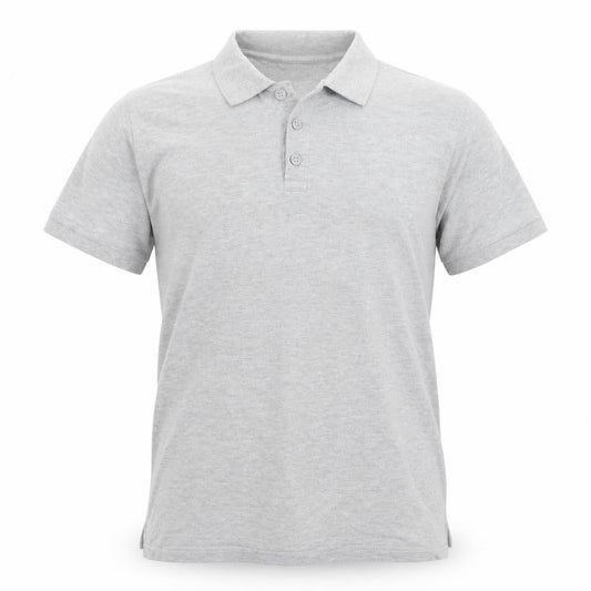 Front view of Acw85 men’s grey polo, size M