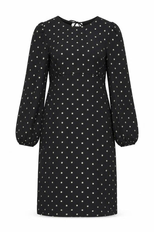 Front view of Fashion Union women’s black polka dot a-line, size S